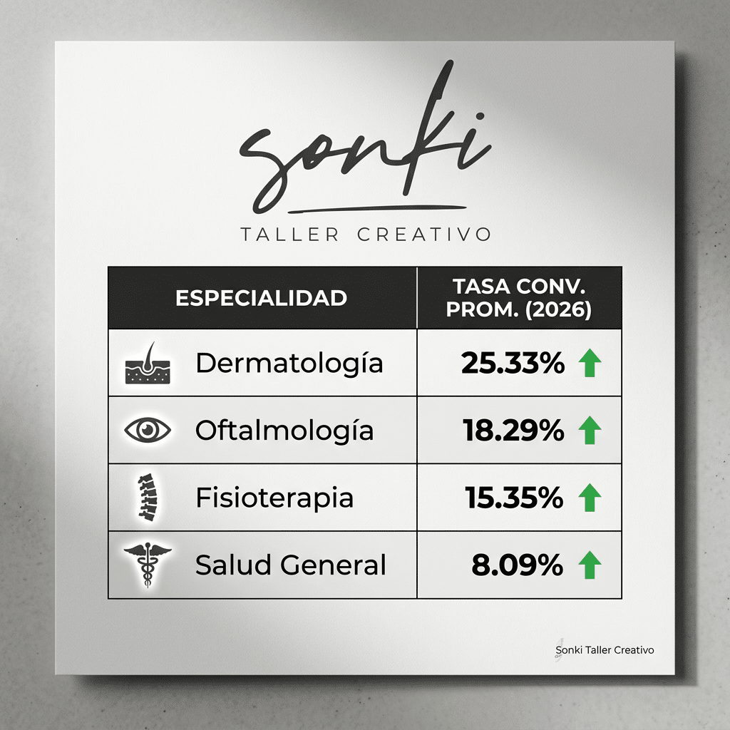 Tabla de benchmarks de pauta digital sector salud en Colombia. Datos de tasas de conversión 2026 para especialidades médicas: Dermatología (25.33%), Oftalmología (18.29%) y Fisioterapia (15.35%) bajo una estrategia de Sonki Taller Creativo.