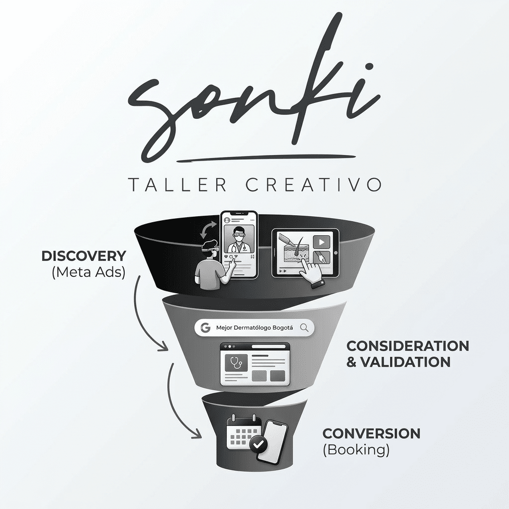 Diagrama de embudo de conversión para marketing médico 2026 (pauta digital sector salud). Ilustración del viaje del paciente desde el descubrimiento en Meta Ads (Instagram/Facebook) hasta la captura de demanda activa en Google Ads y la conversión final en cita médica.