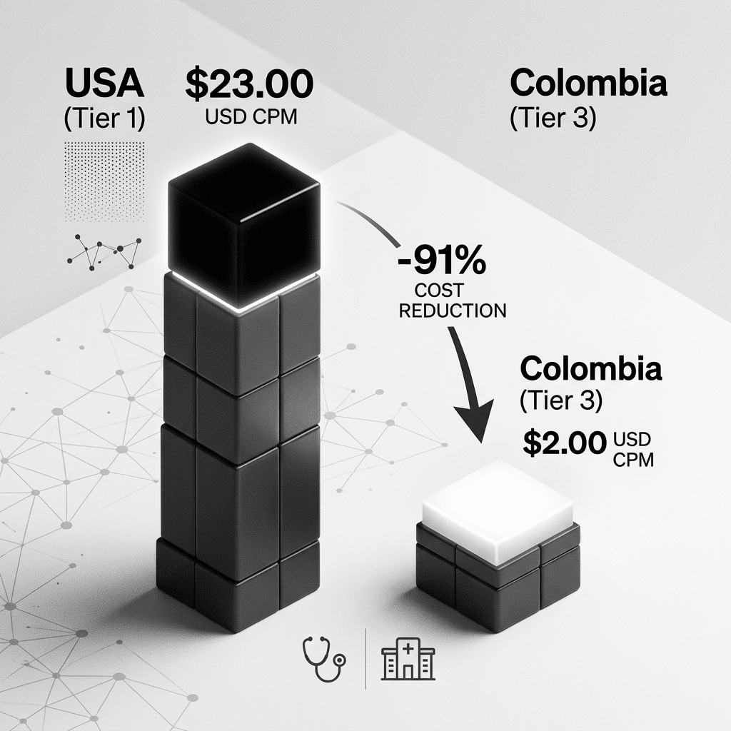 Infografía comparativa de costos de pauta digital sector salud 2026. Gráfico de barras que muestra un CPM de $23 USD en mercados Tier 1 frente a un CPM de $2.00 USD en Colombia, resaltando la ventaja competitiva para clínicas locales.